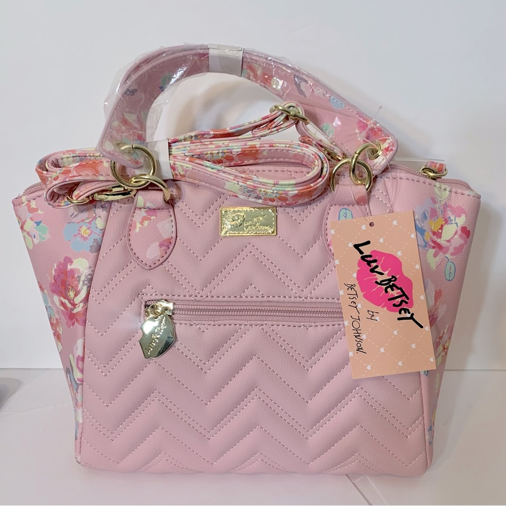 (SOLD)Betsey Johnson crossbody pink floral crescent shape - Picture 2 of 9
